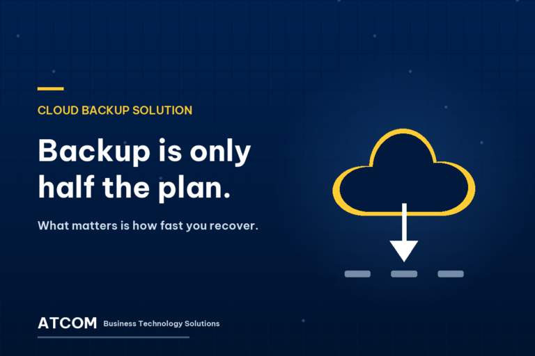 ATCOM cloud backup graphic: a cloud with a restore arrow beside the words "Backup is only half the plan."