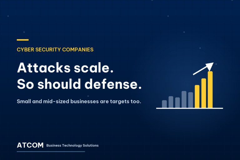 ATCOM cyber security graphic: a rising bar chart of attack volume beside the words "Attacks scale. So should defense."