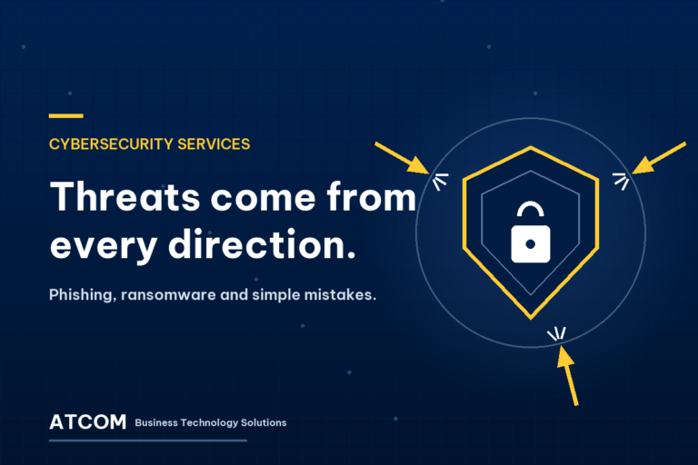 ATCOM cybersecurity services graphic: a shield and lock deflecting arrows from three directions beside the words "Threats come from every direction."